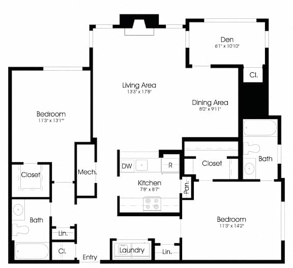 2BR 2BA (1200sf) Floor Plan at The Courts at Fair Oaks, Fairfax, 22030