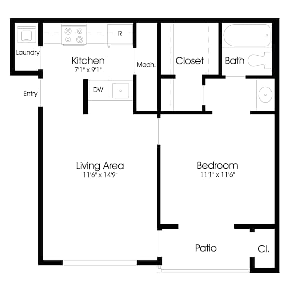 1BR 1BA (550sf) Floor Plan at The Courts at Fair Oaks, Fairfax, 22030