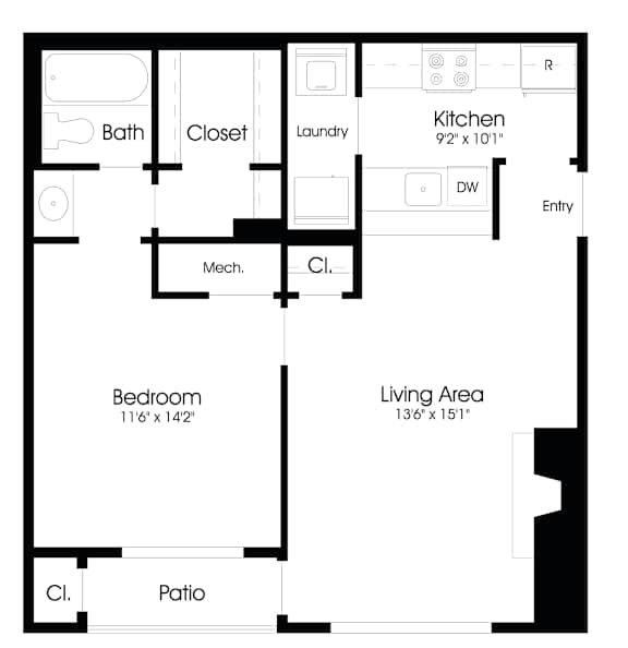 1BR 1BA (650sf) Floor Plan at The Courts at Fair Oaks, Fairfax, Virginia
