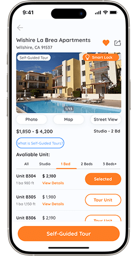 A mobile screen displays information about Wishire La Brea Apartments, including a photo, price range, and available units with their prices.