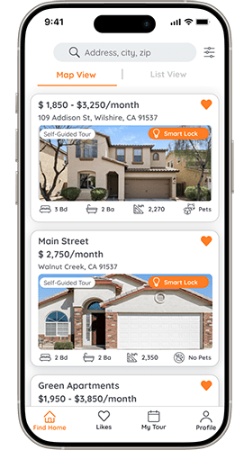 A mobile screen displays three property listings with prices ranging from $1,850 to $3,250 per month.