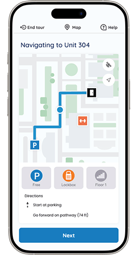 A smartphone screen displays a map with directions to Unit 304.