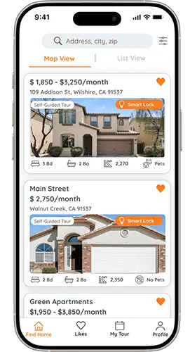 A mobile screen displays three property listings with their respective prices per month, addresses, and some additional details.