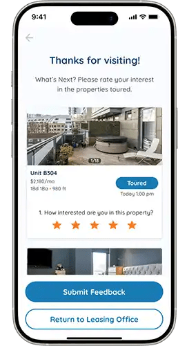 A mobile screen displays a message thanking a visitor for a property tour and asking for feedback.