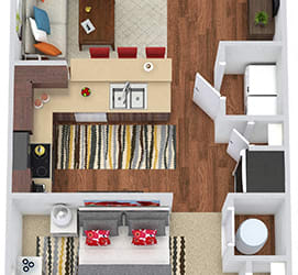 The Cash 3D. Studio apartment. Kitchen with bartop open to living room. 1 full bathroom.