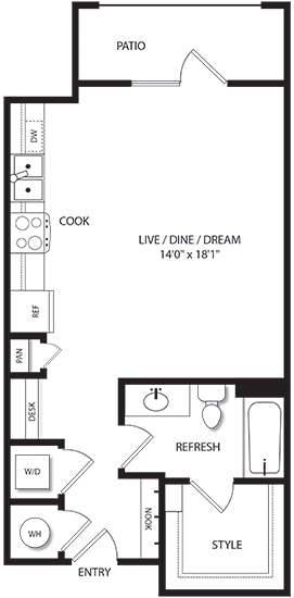 Studio with one bath floorplan. Entry nook. Stackable W/D. Built-in Desk. Kitchen with Pantry. Walk-in Closet. Patio.