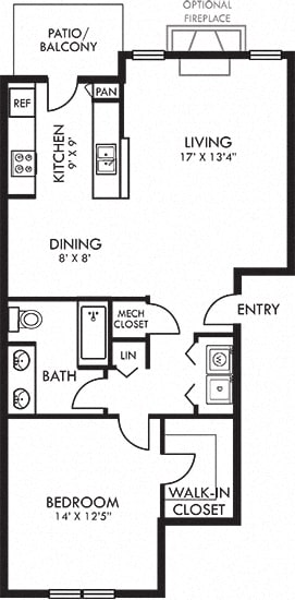 Brier Leaf  1 bedroom apartment. Kitchen with bartop open to living &amp; dinning rooms. 1 full bathroom, double vanity. Walk-in closet. Patio/balcony. Optional fireplace.