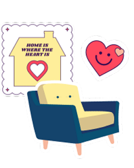 A cartoon image of a sofa with a sign above it that says "Home is where the heart is".