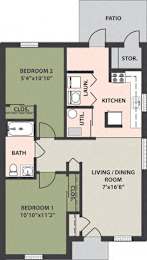  Floor Plan 2-Bedroom, 1-Bath Garden Apartment