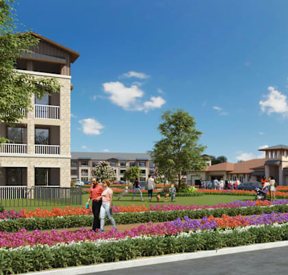 a rendering of a park with people and buildings at Creekside at Grand Prairie, Texas