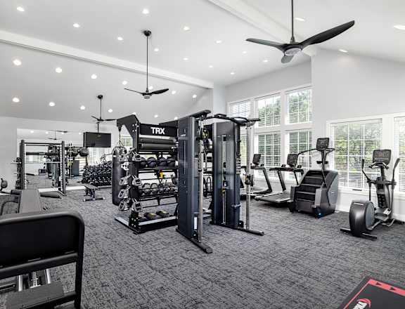 A gym with a variety of equipment including a TRX, weight machines, and a treadmill.