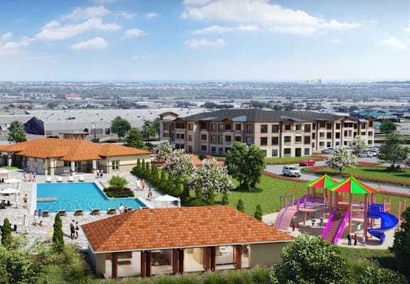 a rendering of a resort with a pool and a city in the background at Creekside at Grand Prairie, Texas