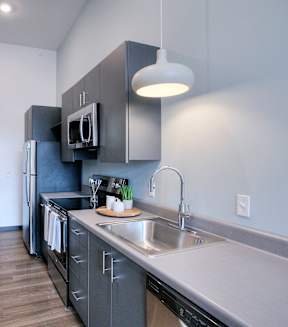 A modern kitchen with a dark wood floor and grey cabinets.