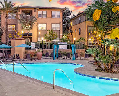 A large outdoor swimming pool surrounded by a fence and trees.