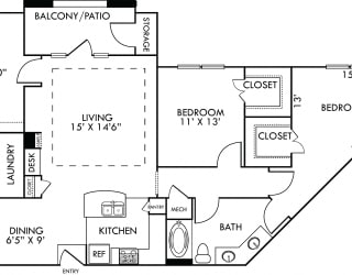 The Amsterdam. 3 bedroom apartment. Kitchen with bartop open to living/dining rooms. 2 full bathrooms, double vanities. Walk-in closets. Patio/balcony.