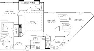 The Amsterdam. 3 bedroom apartment. Kitchen with bartop open to living/dining rooms. 2 full bathrooms, double vanities. Walk-in closets. Patio/balcony.