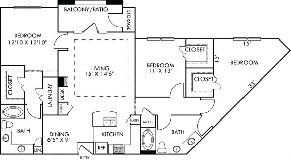 The Amsterdam. 3 bedroom apartment. Kitchen with bartop open to living/dining rooms. 2 full bathrooms, double vanities. Walk-in closets. Patio/balcony.