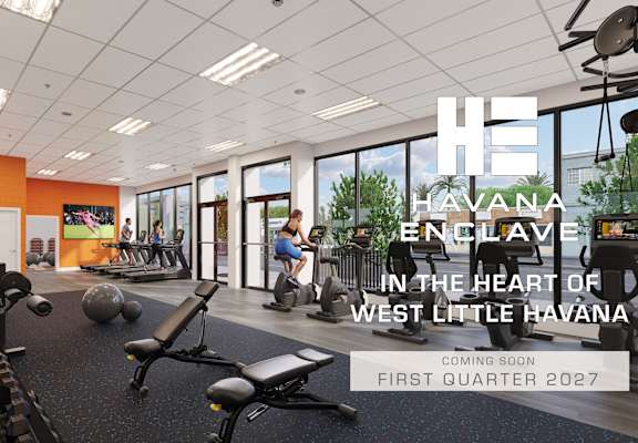 A gym interior with the text "Havana Enclave in the heart of West Little Havana" and "Coming soon first quarter 2027".