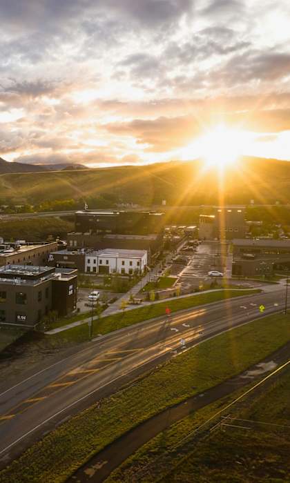 Sunset view of neighborhood at Cannery Flats, Bozeman, 59715