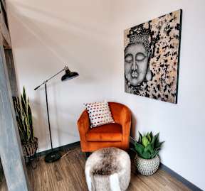 A living room with a chair, a cushion, a potted plant, a floor lamp and a picture on the wall.