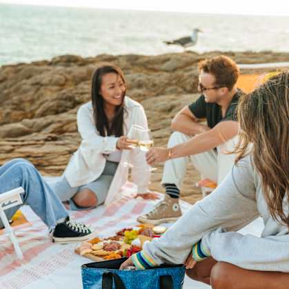 a group of friends enjoying a picnic on the beach