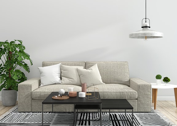 A living room with a grey couch, a coffee table, a potted plant, and a small table with a plant on it.