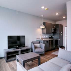 A modern living room with a grey couch and a television.