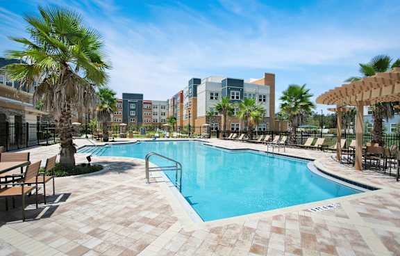 A pool surrounded by palm trees and lounge chairs.
