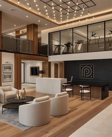 A modern lobby with a man walking in the background. at Portrait Midtown Apartments, Indiana, 46032