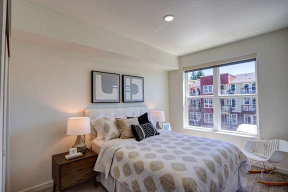 Bedroom at Commons at Sylvan Canyon Apartments, Portland, 97221