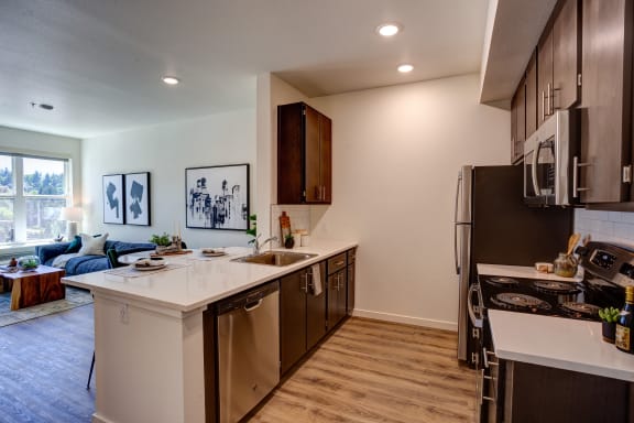 Cabinets and lights at Commons at Sylvan Canyon Apartments, Portland