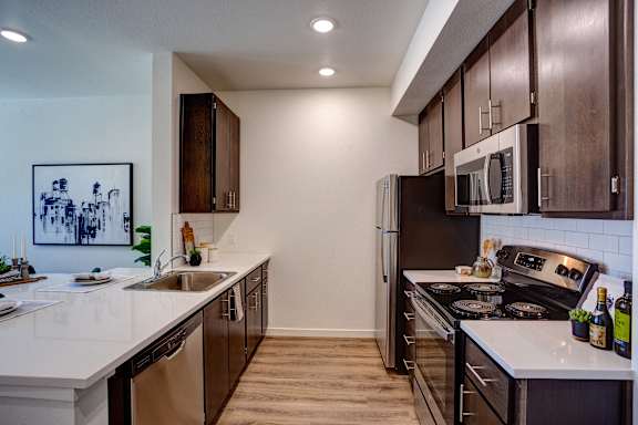 Wooden cabinets at Commons at Sylvan Canyon Apartments, Portland, OR