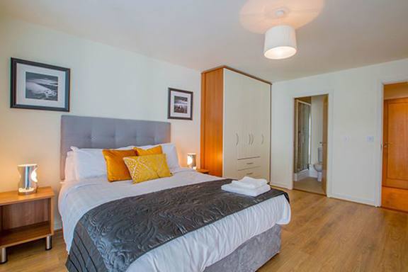 a bedroom with a bed and a closet