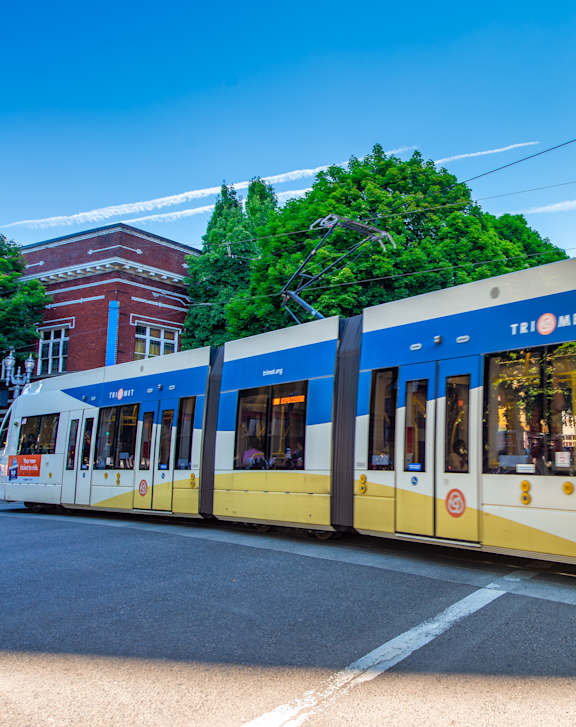 A blue and white train with the word TRINET on the side is on a track.