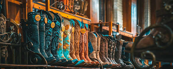 A row of cowboy boots are lined up on a shelf.