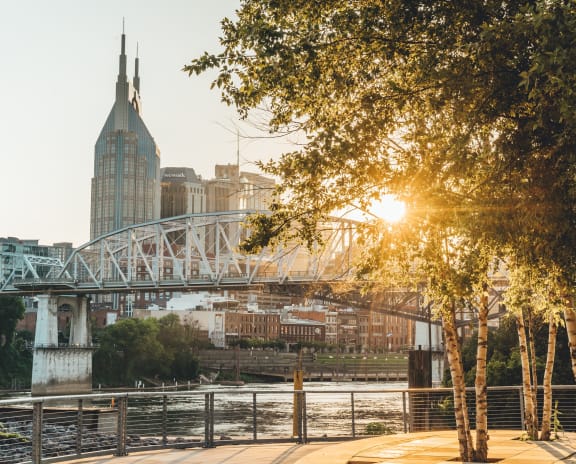 a bridge over a river with a city in the background