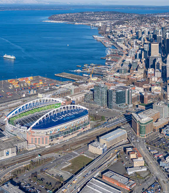 Aerial view of the city at Stadium Place Apartments, Seattle, 98104