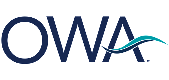 The image is a logo with the letters "OWA" and a stylized wave design.