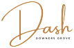 A logo with the word "Dash" in cursive font with a gold color and "Downers Grove" in a smaller font size below it.