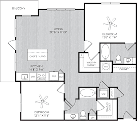 B3 Two Bedroom Floor Plan with Corner Balcony at Apartments in Vinings