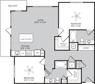 B3 Two Bedroom Floor Plan with Corner Balcony at Apartments in Vinings