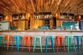 a bar with a bunch of colorful stools in front of it