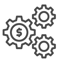 Three gears with one having a dollar sign in the center.