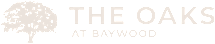 A logo with a tree and the words "The Oaks at Baywood" on a green background.