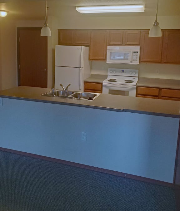 Image of kitchen including sink, cabinets, stove, microwave, and refridgerator