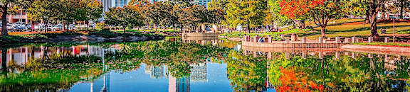 a park with trees and a lake and a city in the background at Capital Flats & Magnolia Square Apartments, North Carolina, 27601
