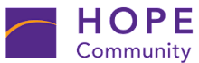 A logo with the word HOPE in large purple letters and the word Community in smaller purple letters below it.