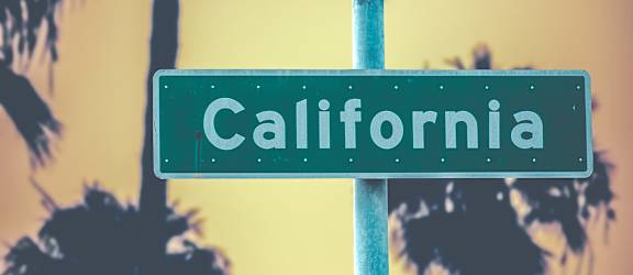 A street sign reading California stands in front of palm trees.
