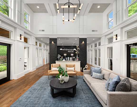 A living room with a sofa, coffee table, and a chandelier.