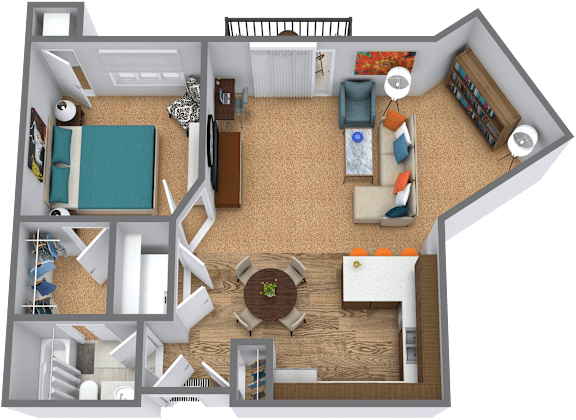 A 3D floor plan of a small apartment with a kitchen, living room, and bedroom.